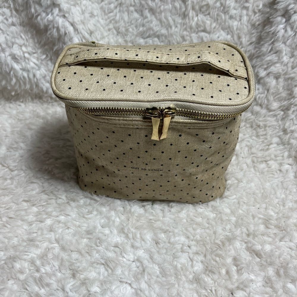 Kate Spade out to Lunch oil cloth beige & black polka dots insulated lunchbox.